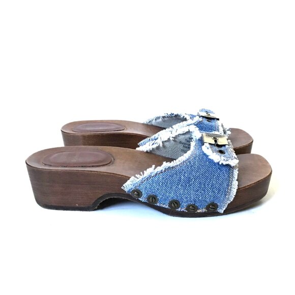NEW Re/Done x Dr Scholl's Sandals Womens 36 6 Blue Washed Denim Wood Sole Buckle - Picture 1 of 11